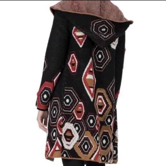 Vertigo Textured Geo Print Hooded Cardigan M Nwt Black Red White Tan